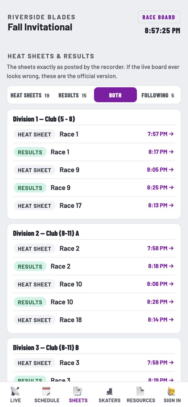 Heat sheets & results